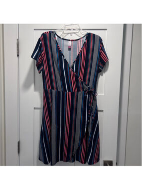 No Boundaries Navy Stripe Faux Wrap Dress XL (15-17)